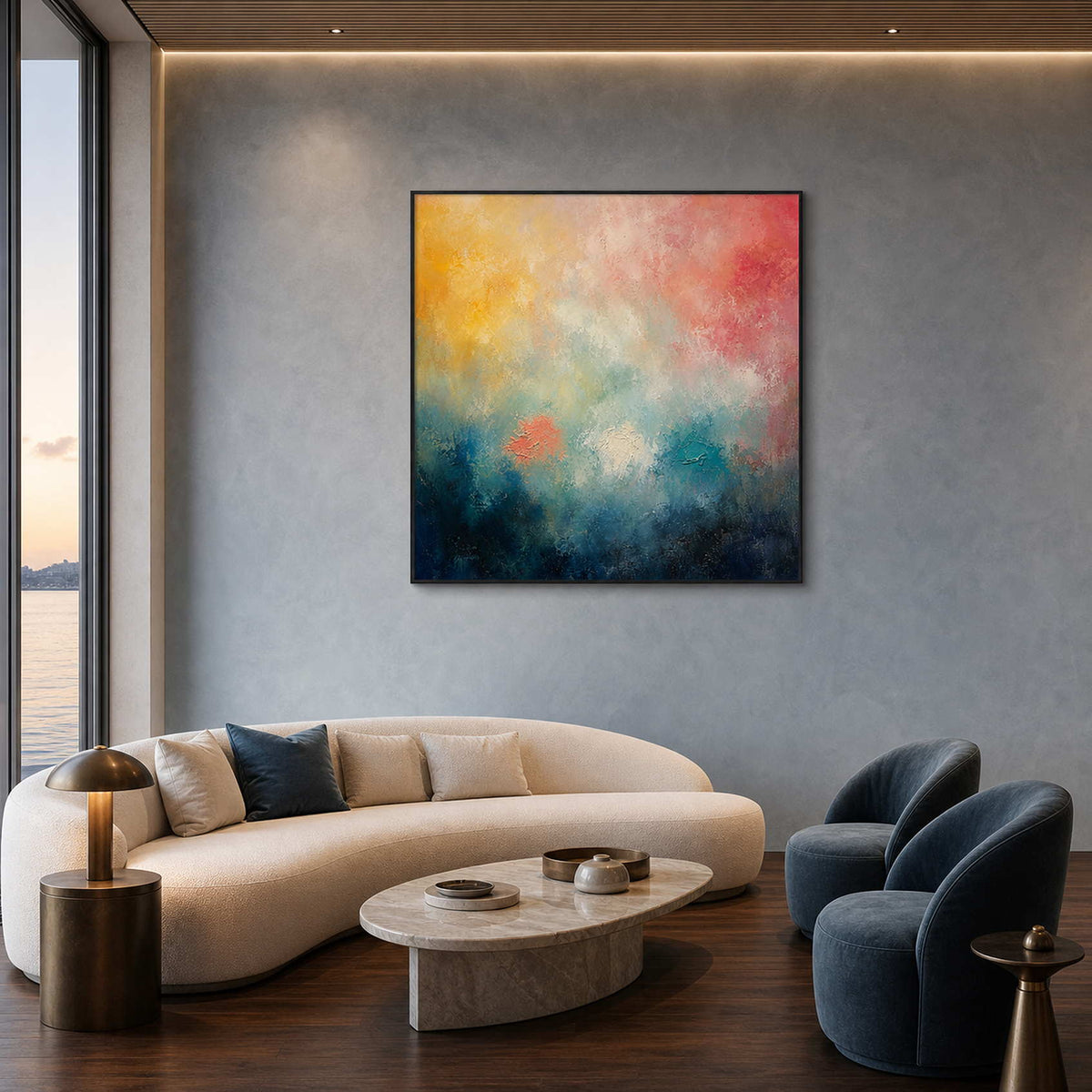 Textured abstract painting displayed in a modern yacht club VIP lounge.