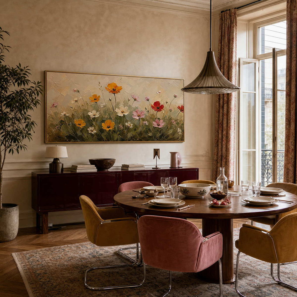 Panoramic floral painting displayed above a refined vintage dining room.