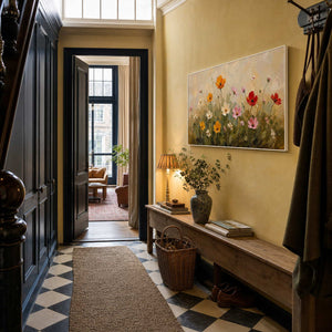 Wildflower wall art welcoming color into an elegant residential entryway.
