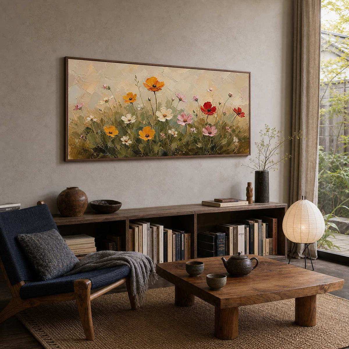 Warm floral wall art adding softness to a natural reading room.