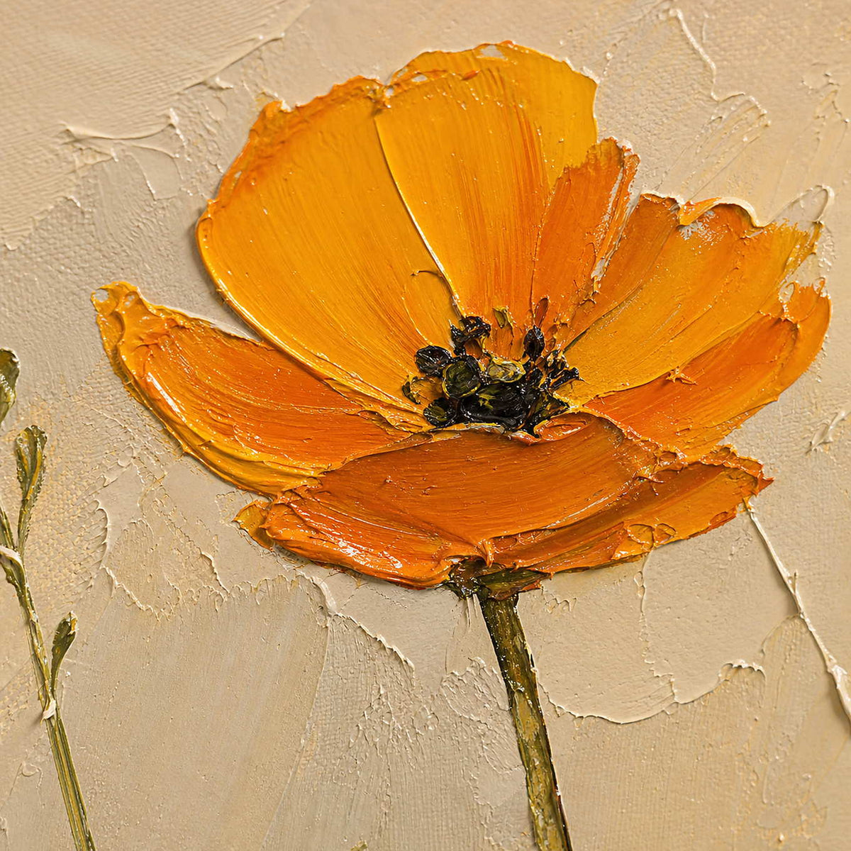Close-up of thick orange petals and raised ivory paint texture.