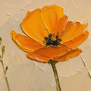 Close-up of thick orange petals and raised ivory paint texture.