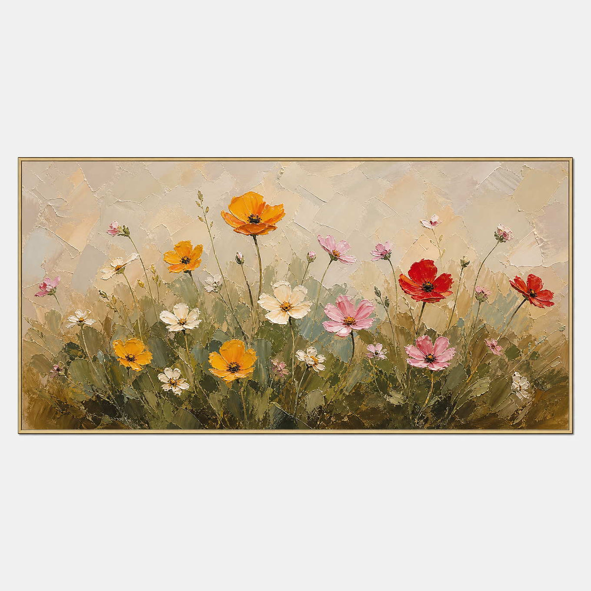 Hand-painted wildflowers in orange, red, blush, ivory, and green.