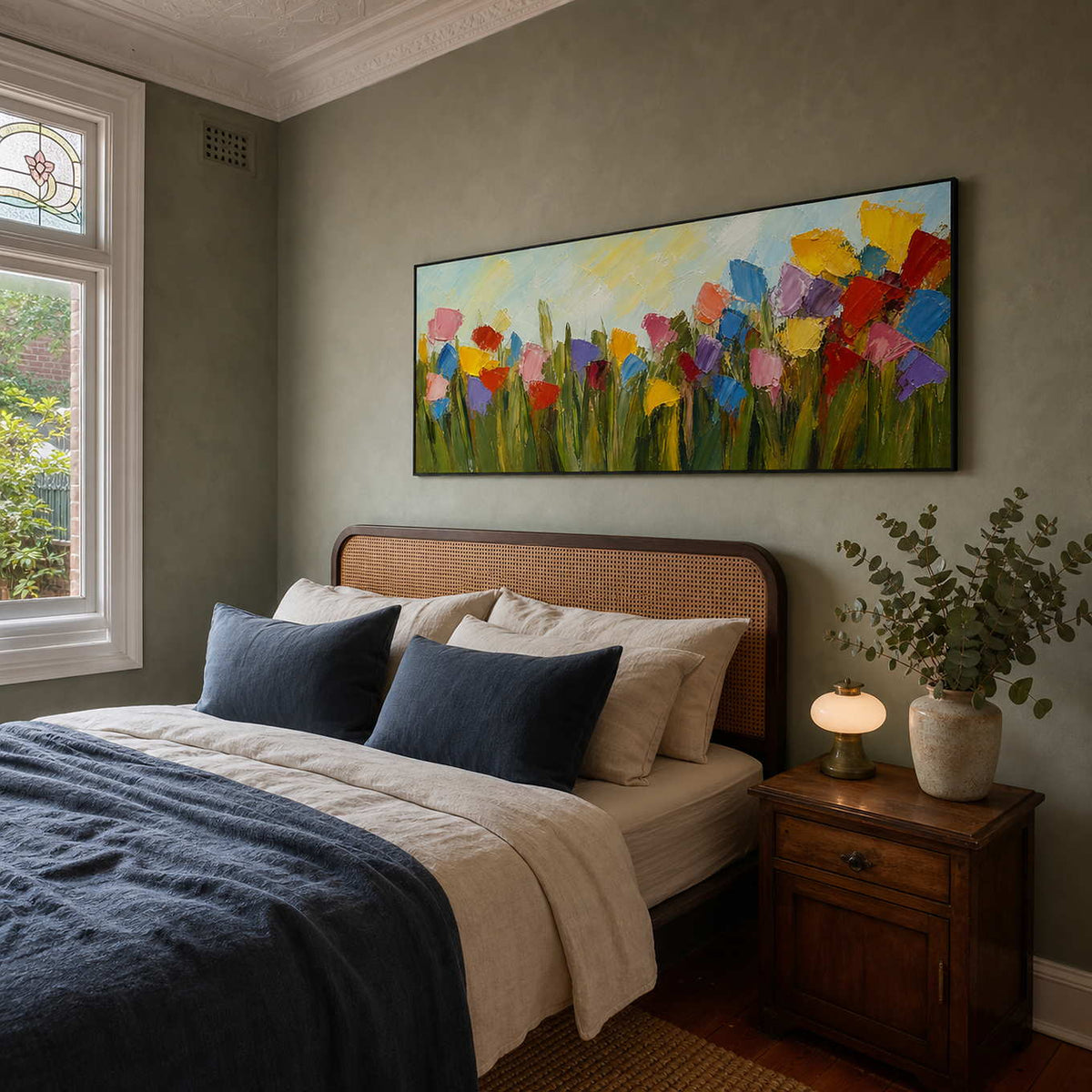 Textured meadow wall art displayed above a contemporary green bedroom.