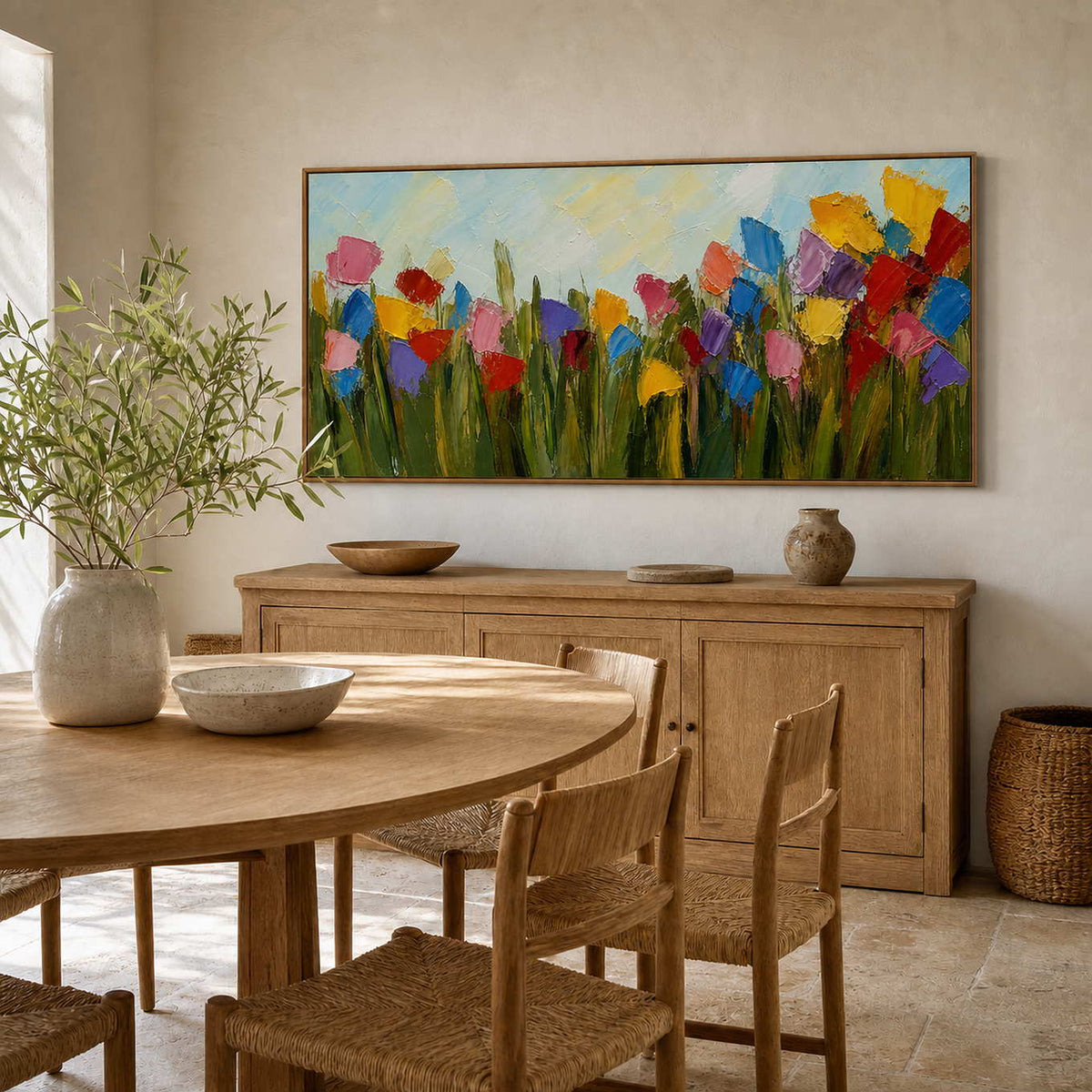 Colorful floral wall art displayed in a warm natural-wood breakfast room.