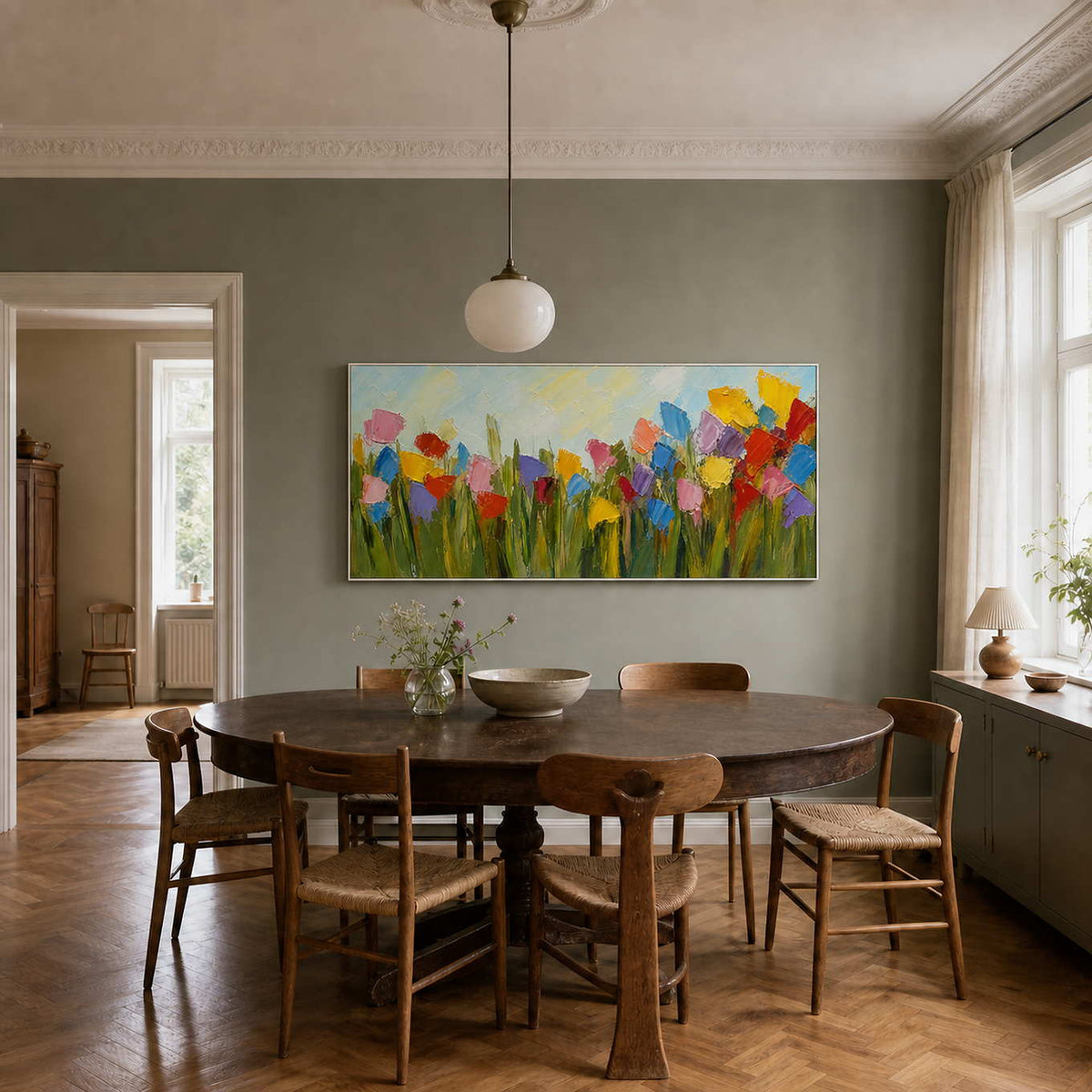 Panoramic floral wall art displayed in a calm Copenhagen dining room.