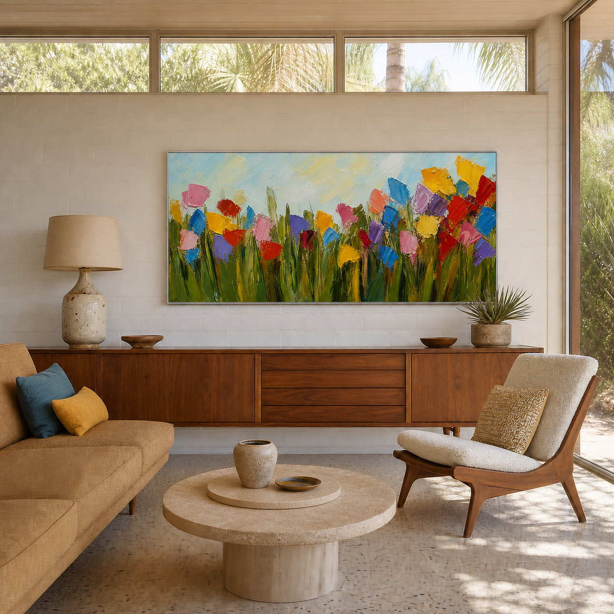 Colorful textured floral wall art displayed in a sunlit mid-century living room.