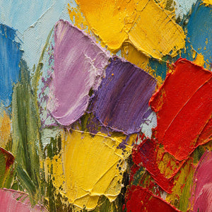 Close-up of thick yellow, violet, red, and blue palette-knife texture.