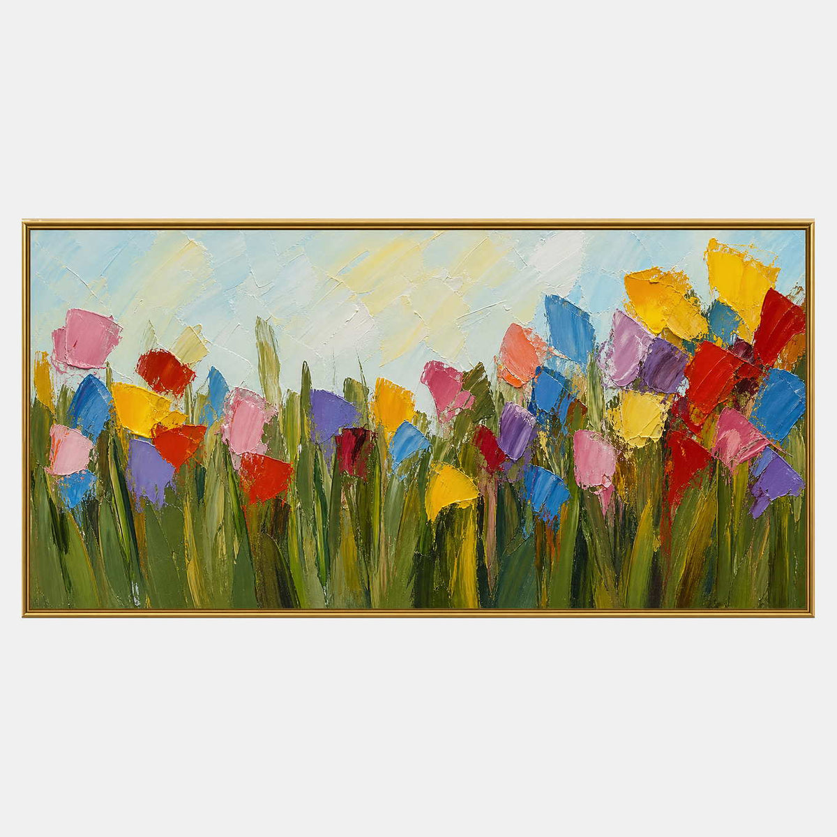 Hand-painted textured meadow with multicolor blooms and olive-green stems.