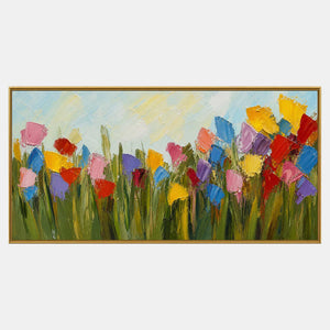Hand-painted textured meadow with multicolor blooms and olive-green stems.