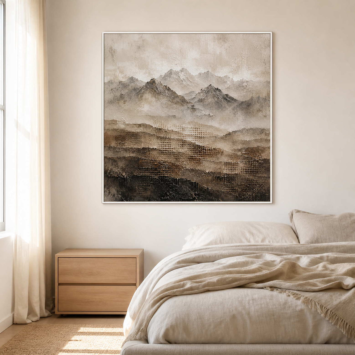 Neutral textured landscape wall art displayed in a cream-white bedroom.