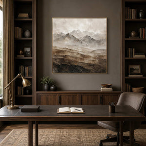 Textured neutral mountain wall art displayed in a dark coffee home office.