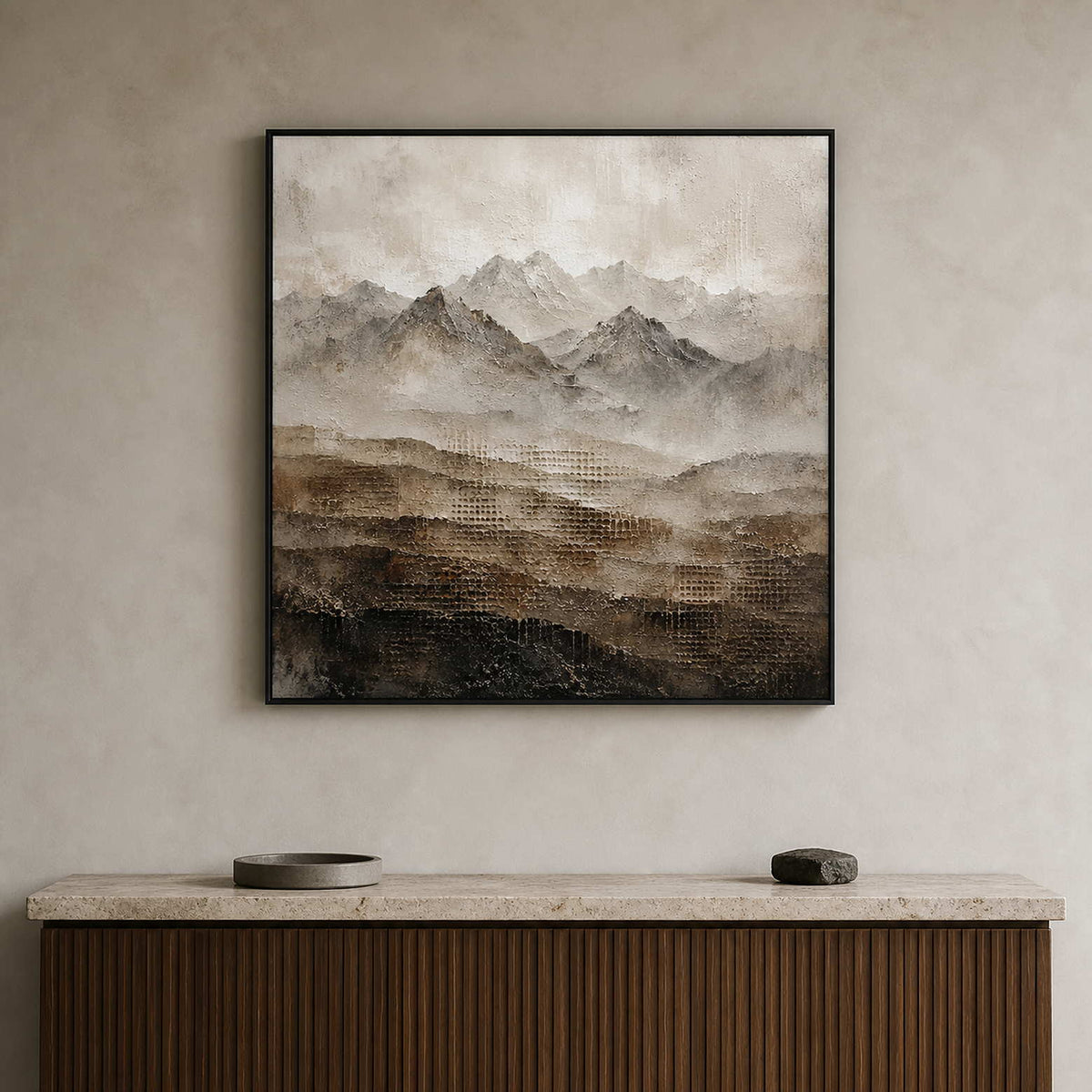 Textured mountain wall art displayed in a rock-gray modern entryway.