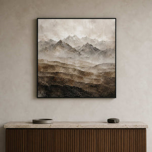 Textured mountain wall art displayed in a rock-gray modern entryway.