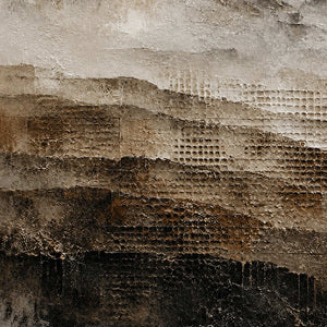 Close-up of raised palette-knife ridges and earth-tone texture in the mountain painting.