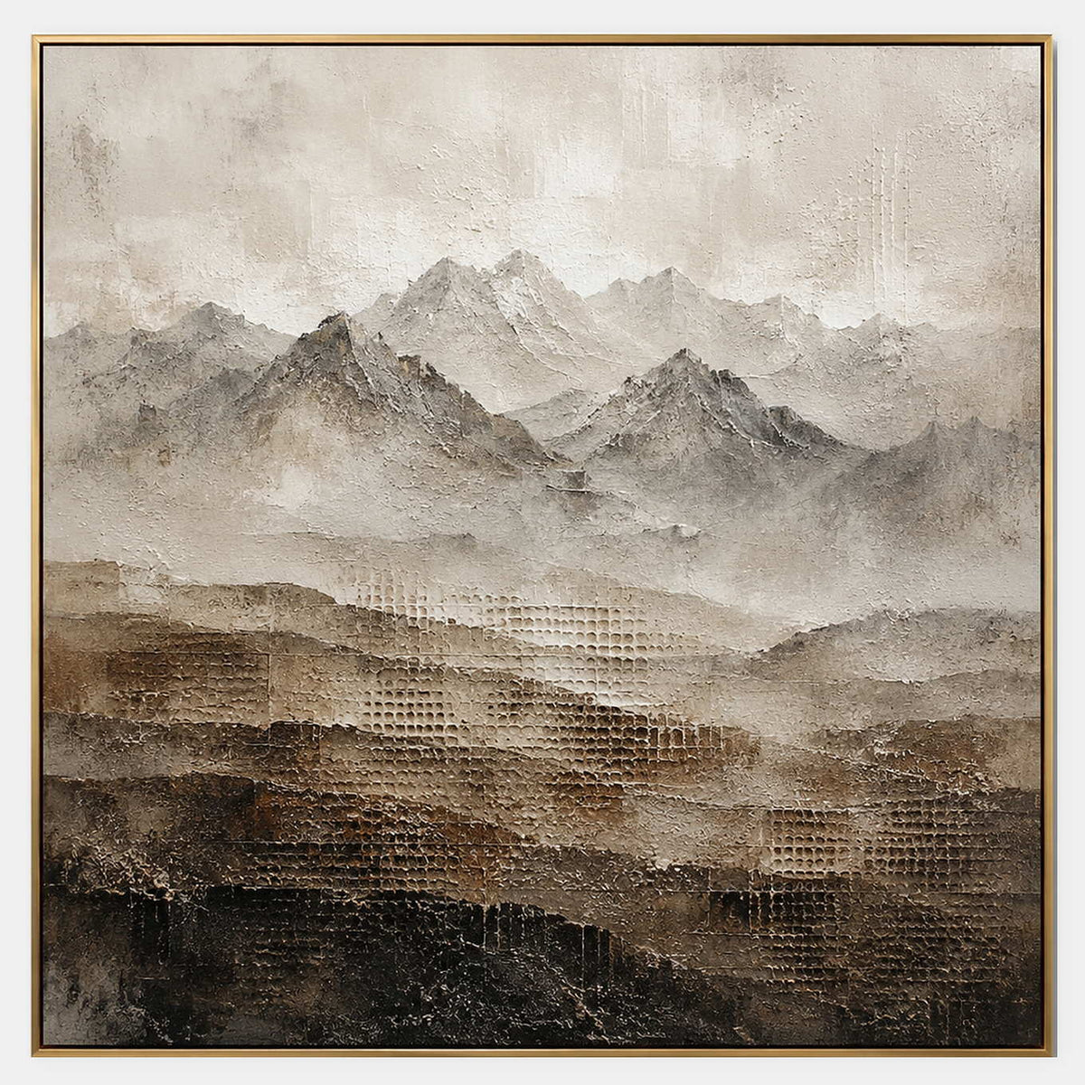 Hand-painted textured mountain landscape in ivory, taupe, brown, and charcoal.