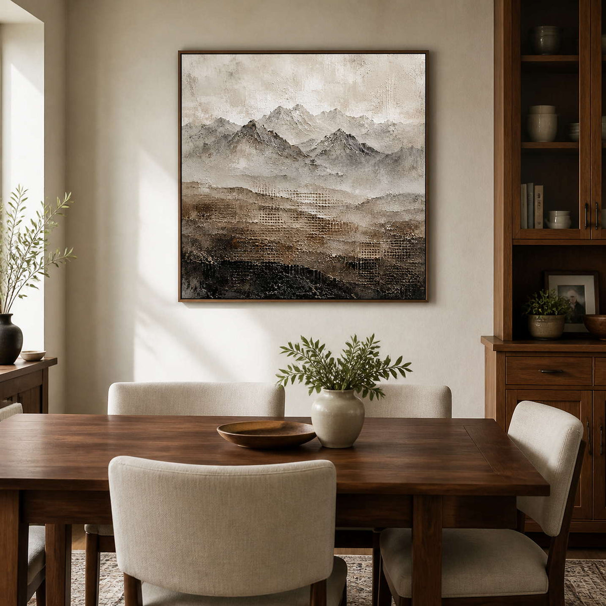 Neutral mountain landscape wall art displayed in a walnut dining room.