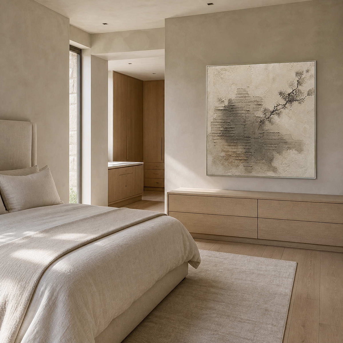 Quiet wabi-sabi painting displayed in a warm gray oak bedroom.