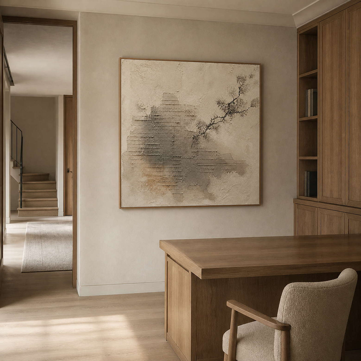 Square neutral artwork displayed in a warm gray natural oak office.