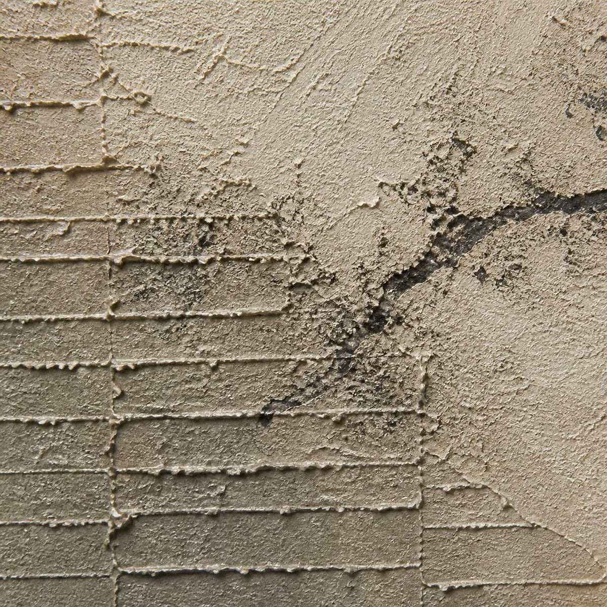 Close-up of ivory plaster relief, taupe steps, and an ink-dark branch.