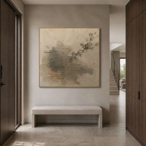 Wabi-sabi wall art displayed in a warm gray smoked-wood entryway.