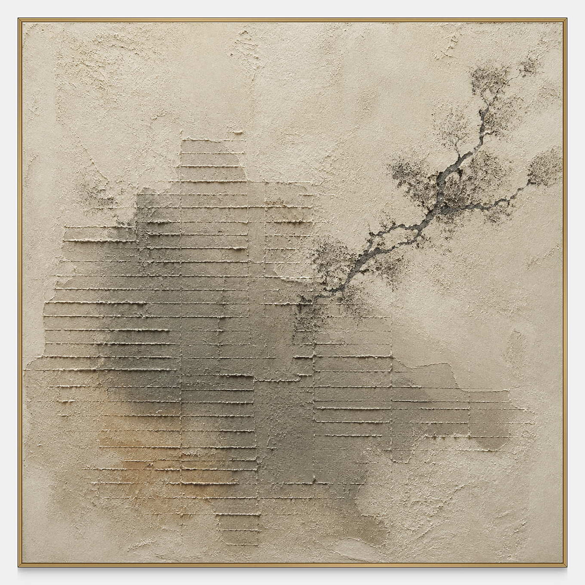 Square ivory and taupe textured abstraction with stepped forms and an ink branch.