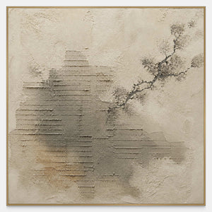 Square ivory and taupe textured abstraction with stepped forms and an ink branch.