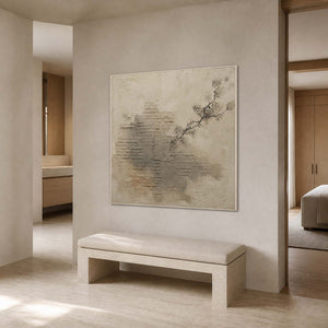 Ivory textured wall art displayed in a warm travertine bathroom area.