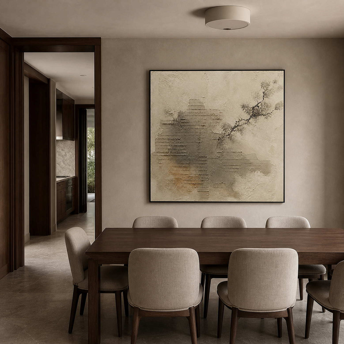Neutral textured artwork displayed in a mushroom-gray walnut dining room.