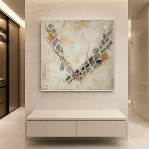 Calm ivory and charcoal textured canvas in a cream stone bathroom.