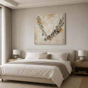 Quiet ivory Wabi Sabi canvas above a softly layered neutral bed.