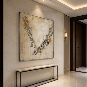 Textured neutral square artwork in a pale stone entryway.