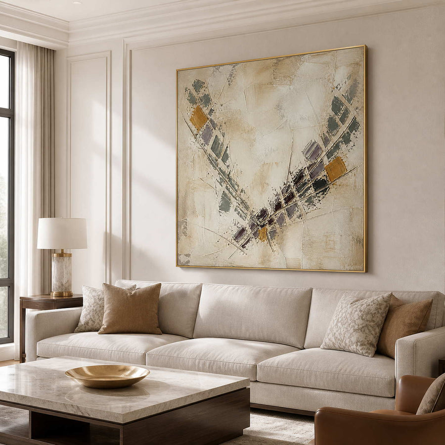 Neutral Wabi Sabi wall art in a warm beige modern living room.