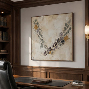 Architectural Wabi Sabi wall art in a walnut private office.