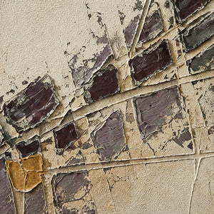 Close-up of weathered plum, charcoal, ochre, and ivory relief texture.