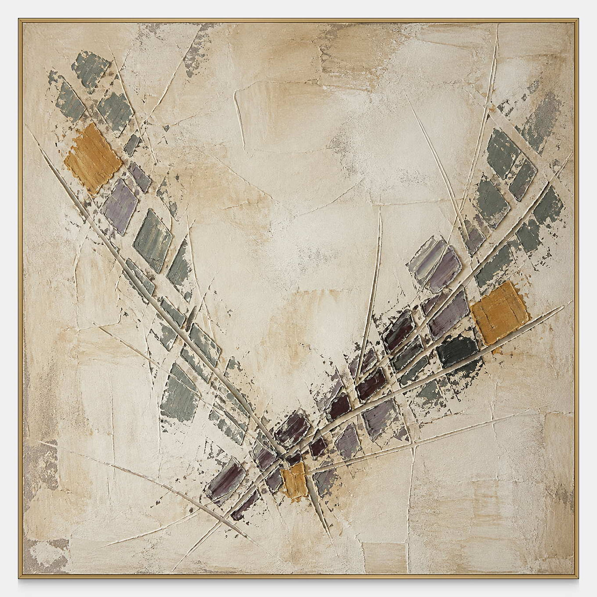 Square textured abstract canvas with converging charcoal, plum, ochre, and ivory marks.