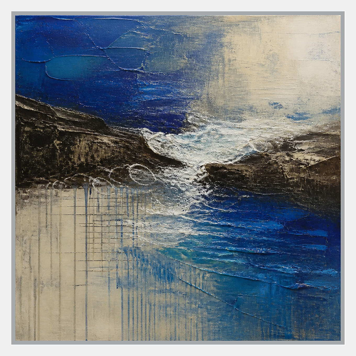Square cobalt sea, dark rock, and ivory surf textured painting.