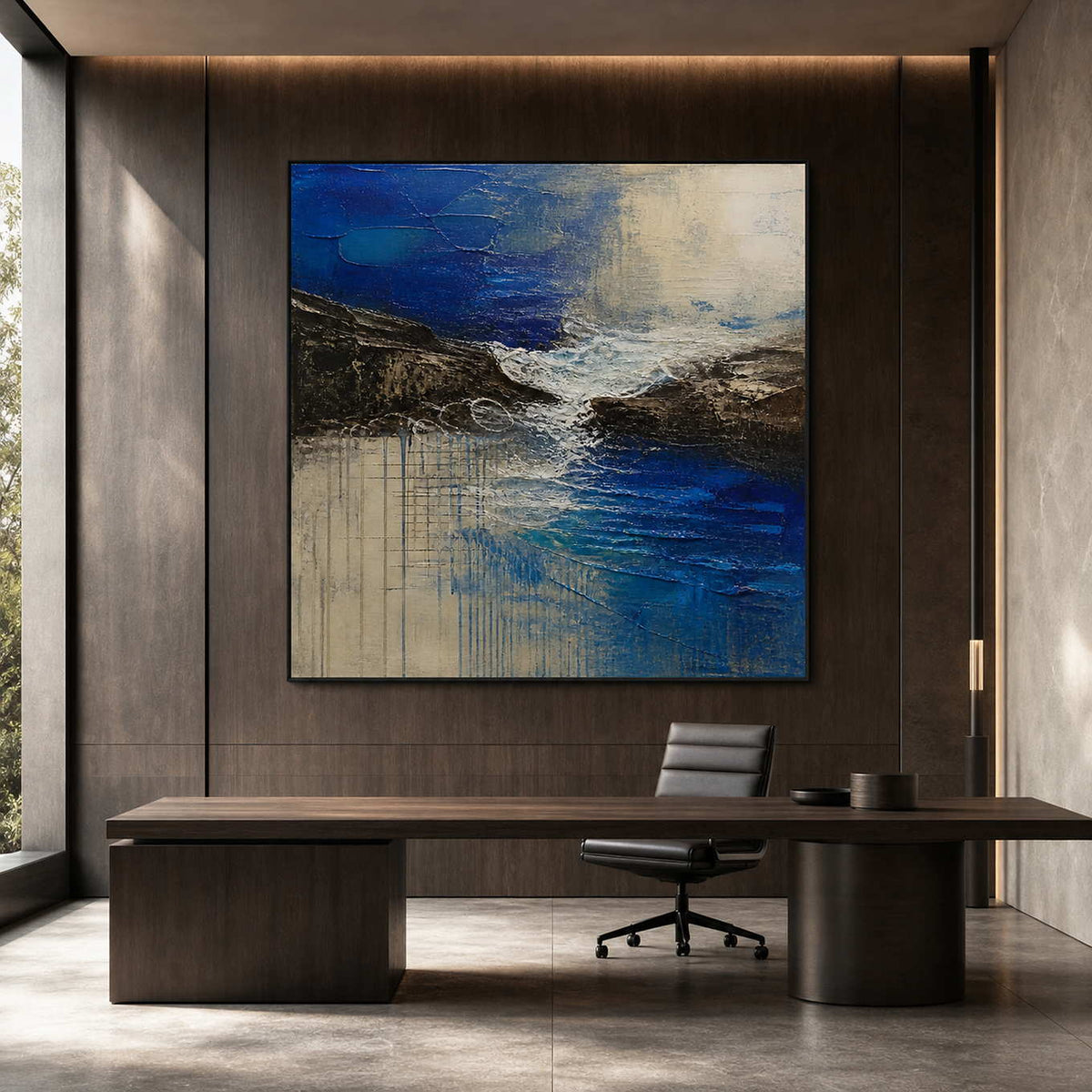 Bold ocean and rock abstract wall art in a dark modern office.