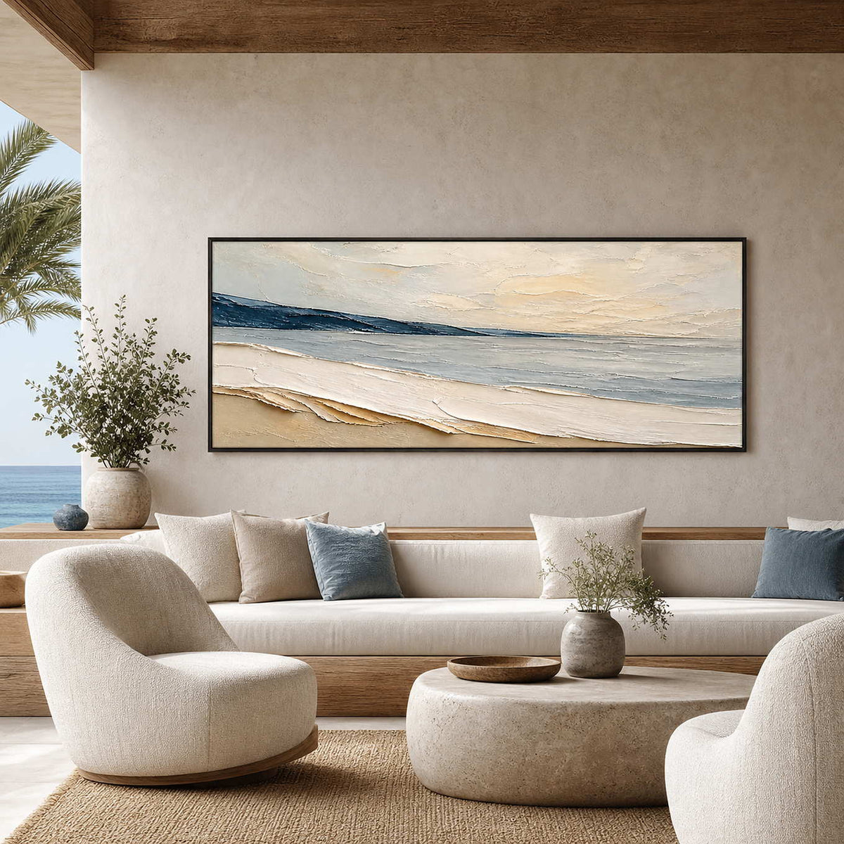 Textured Coastal Wall Art displayed in a refined hospitality lounge.