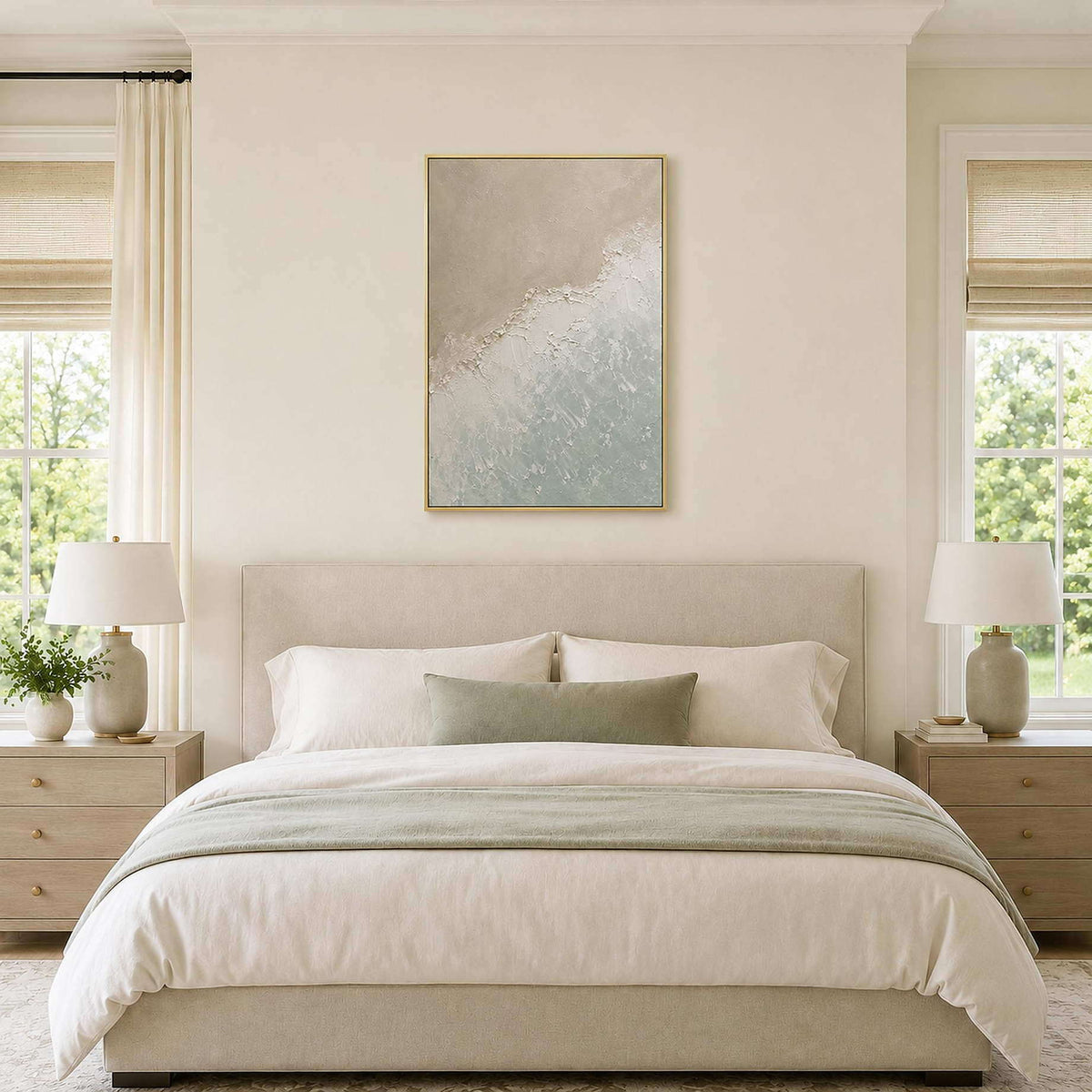 Calm coastal wall art for a serene bedroom.