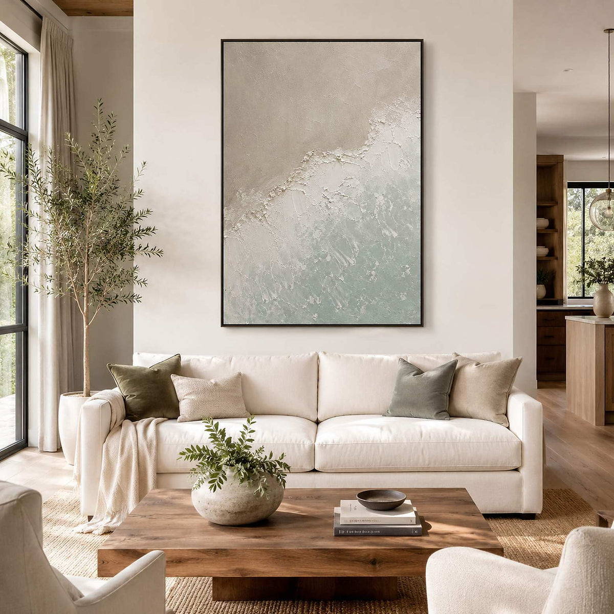 Soft coastal wall art styled in a modern living room.