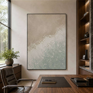 Neutral coastal canvas for a calm office interior.
