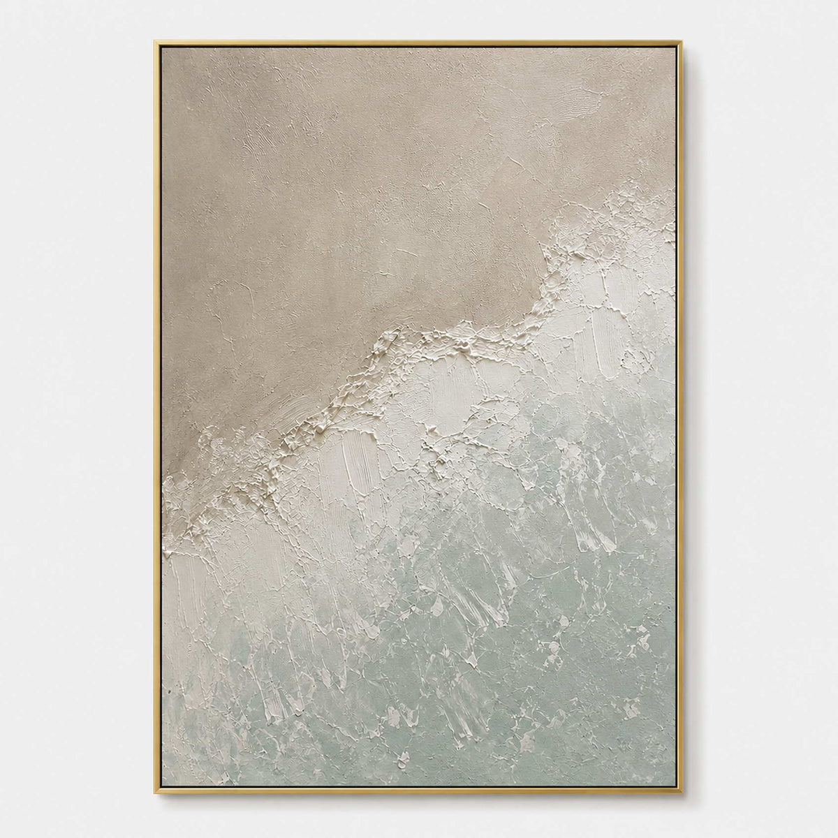 Hand-painted textured coastal canvas with soft ivory and blue tones.