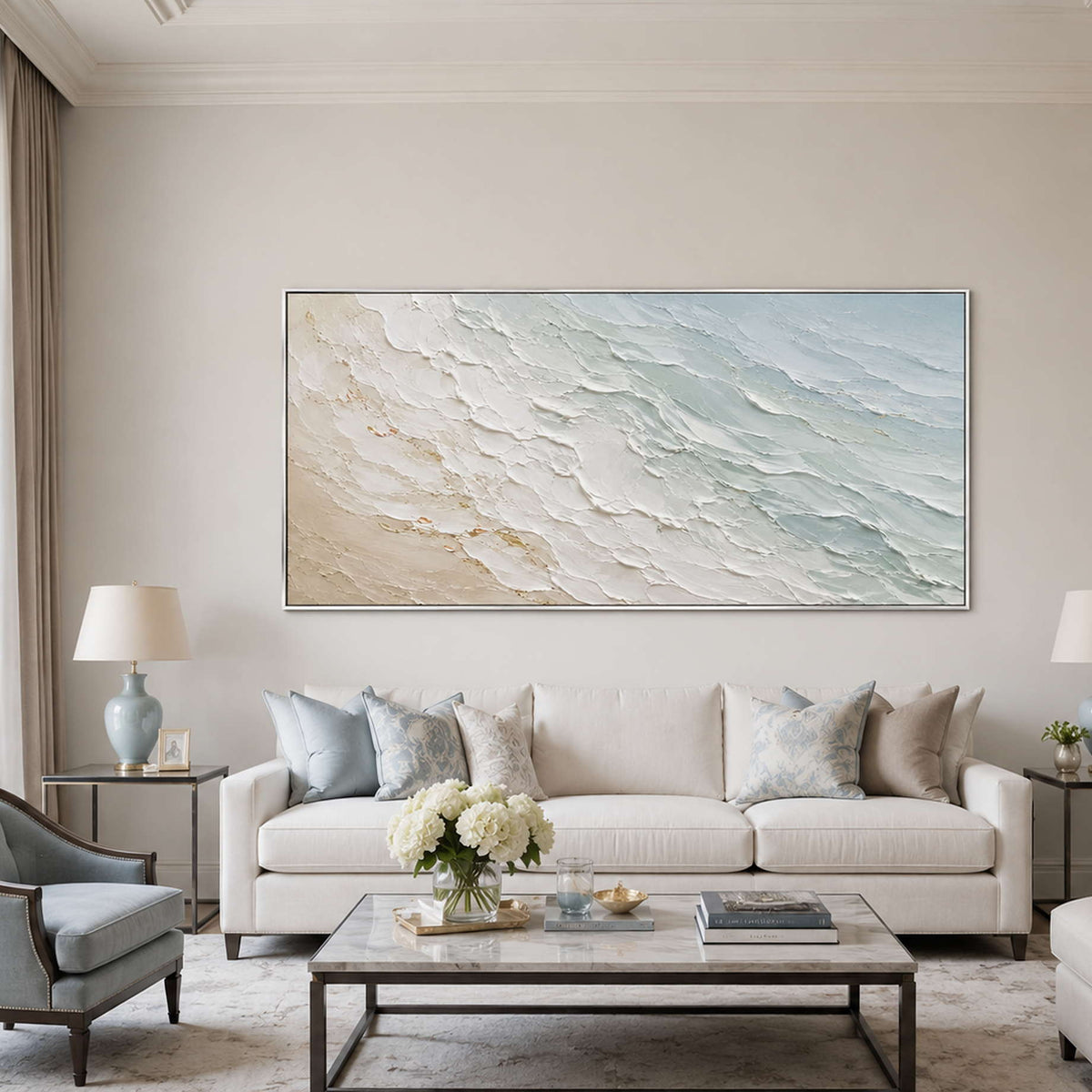 Panoramic blue and ivory coastal canvas styled in a living room.
