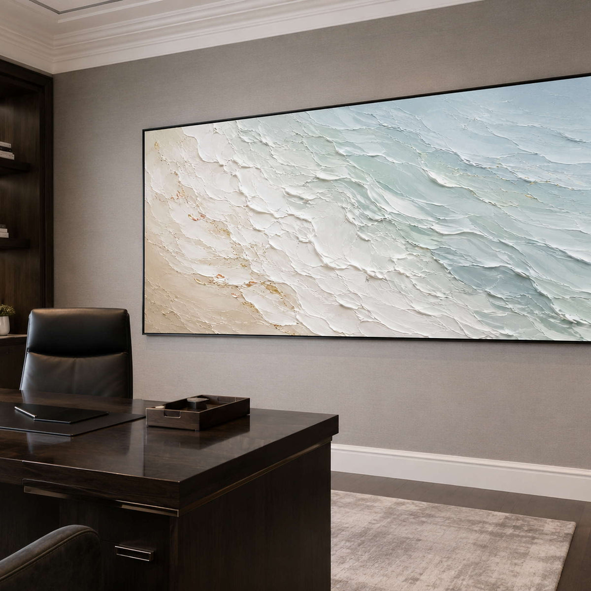 Textured sea-glass and ivory canvas for a modern executive office.