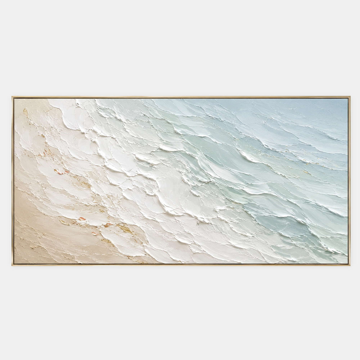 Hand-painted textured coastal canvas in sea-glass blue, ivory, and sand.