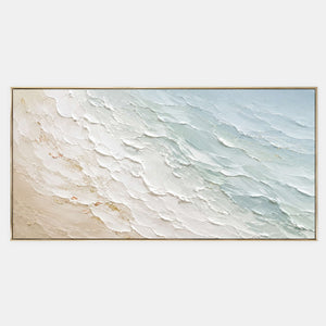 Hand-painted textured coastal canvas in sea-glass blue, ivory, and sand.