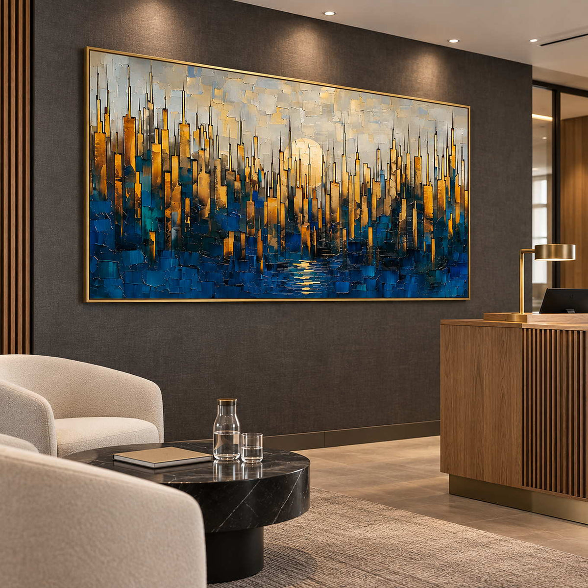 Blue and golden cityscape on a dark wall above pale seating in a reception area.