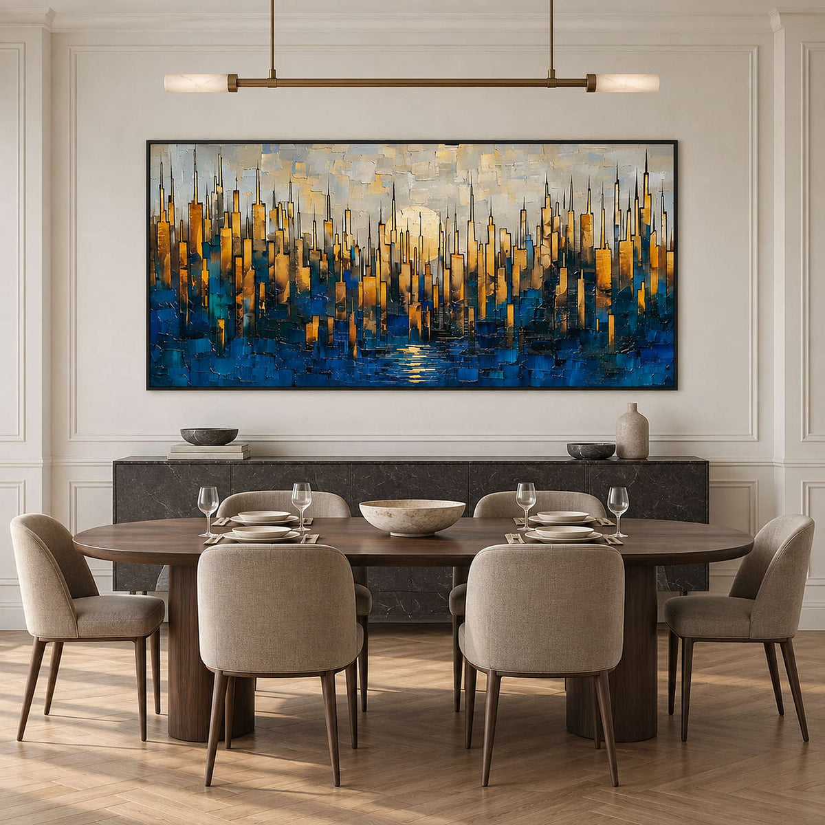 Wide cityscape artwork above a dark sideboard behind a set wood dining table.