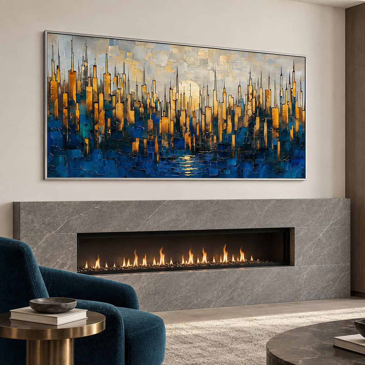 Angled view of the skyline artwork above a gray stone fireplace beside a teal chair.